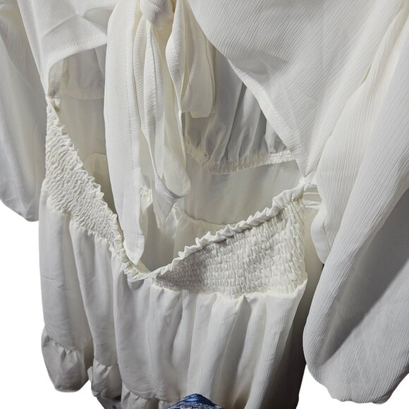 White Boho-Style Long Sleeve Dress With Smocked Waist & Open Back Tie Detail by - Picture 10 of 10